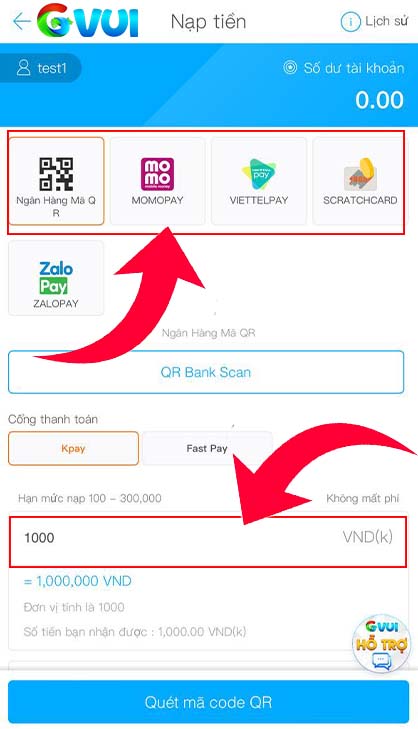 Chọn phương thức nạp tiền và điền số tiền nạp Chọn phương thức nạp tiền và điền số tiền nạp