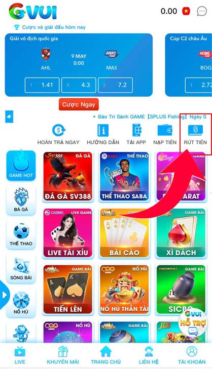 Trên trang chủ bấm vào ô Rút Tiền Trên trang chủ bấm vào ô Rút Tiền